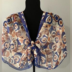 100% Silk Scarf Shawl Beige Brown Blue Circle Pattern